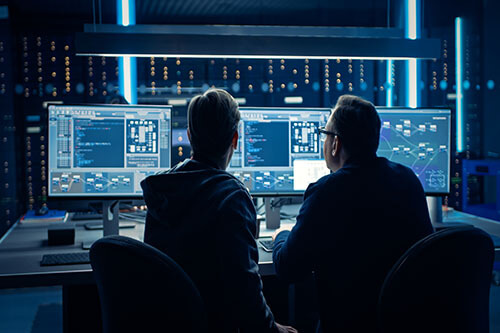 Southern Tech - zwei Programmierer besprechen Architektur vor PC in dunklem Raum